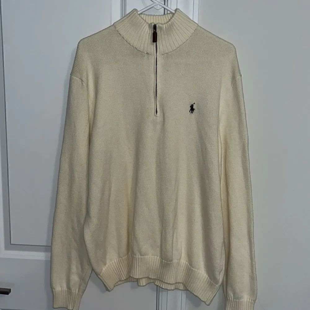 Crème off white Polo Ralph Lauren t neck cotton w/navy pony 1/4 zipper sweater